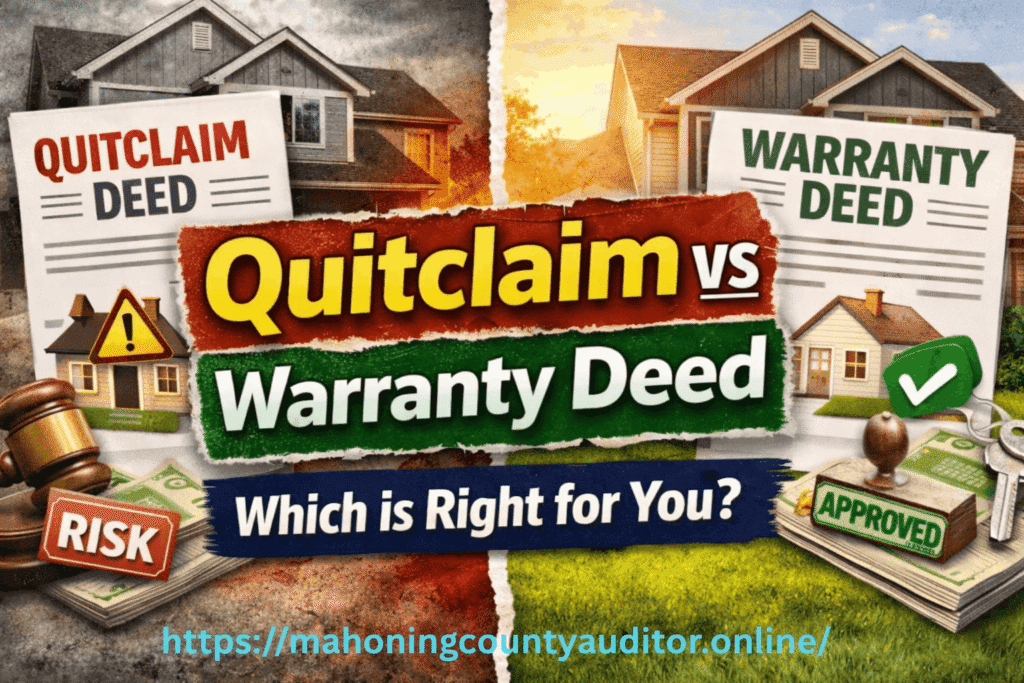 Comparison image showing quitclaim deed versus warranty deed for property transfer
