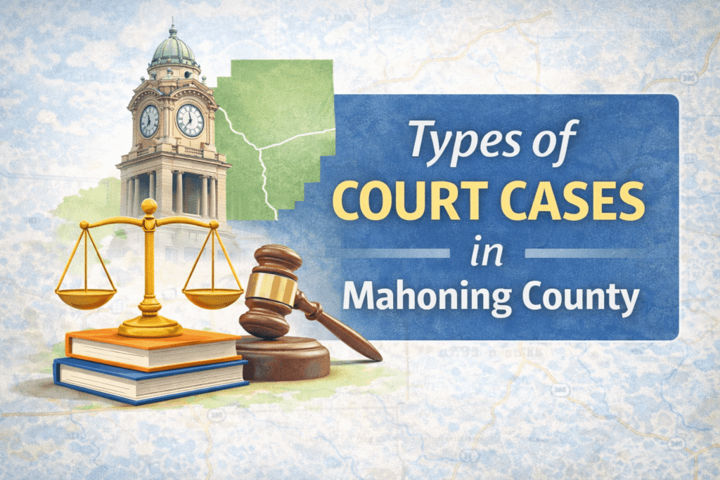 Types of court cases in Mahoning County Ohio explained with courthouse and justice symbols