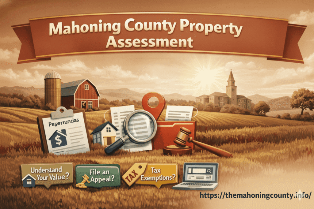 Property assessment icons and website URL on a warm landscape.