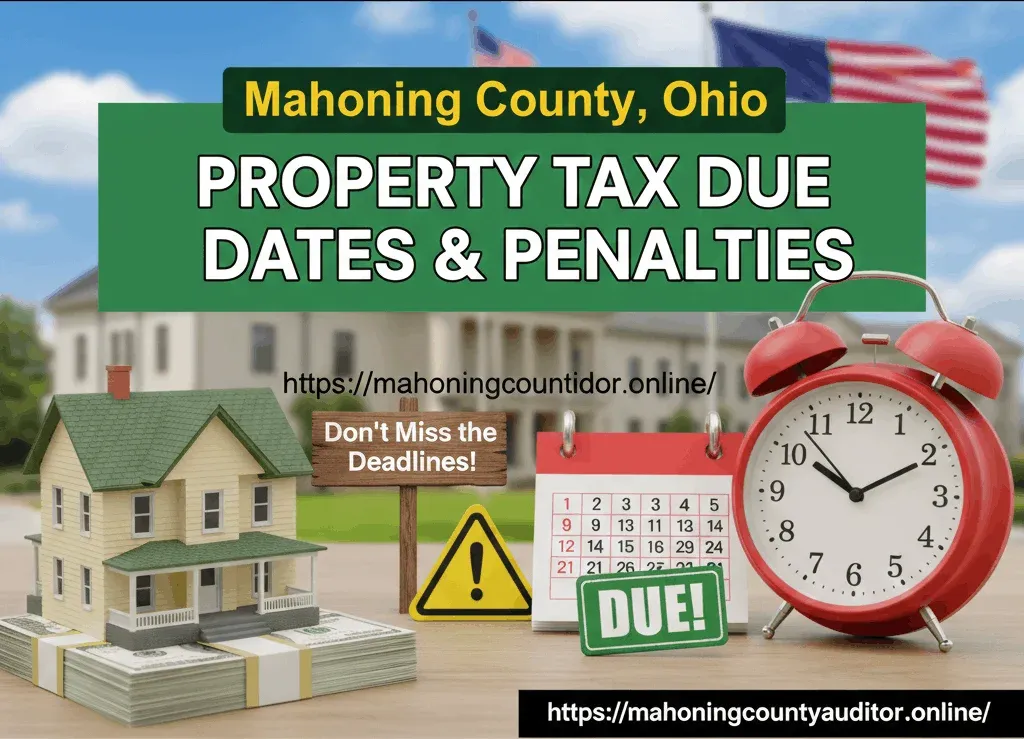 Infographic with a house, alarm clock, and calendar showing Mahoning County tax deadlines.