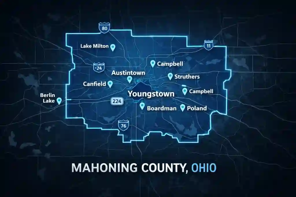 Mahoning County Ohio map with major cities