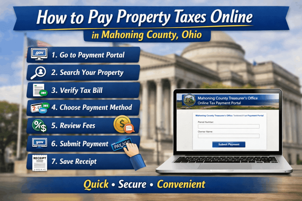 Step-by-step guide thumbnail showing how to pay property taxes online in Mahoning County, Ohio, with icons for property search, payment methods, and secure online transaction.