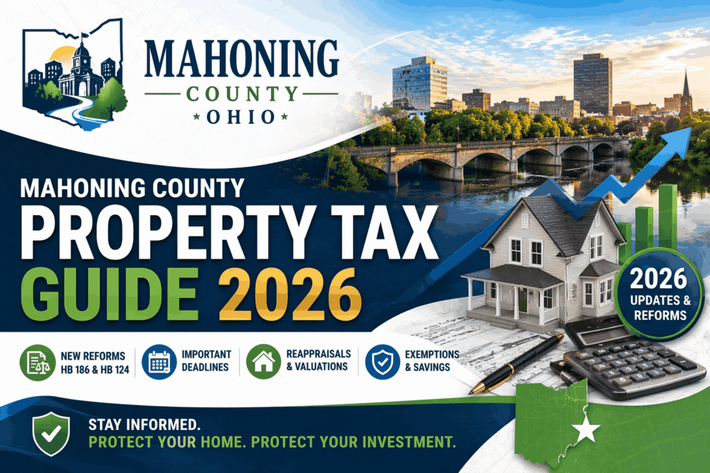 Mahoning County Ohio Property Tax Guide 2026 thumbnail showing city skyline, house, calculator, and growth chart with reforms, deadlines, and reappraisal updates