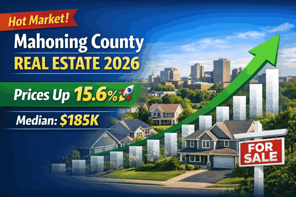 Mahoning County Ohio real estate market 2026 showing rising home prices with 15.6 percent growth, suburban houses, for sale sign, and upward trend graph indicating $185K median price.