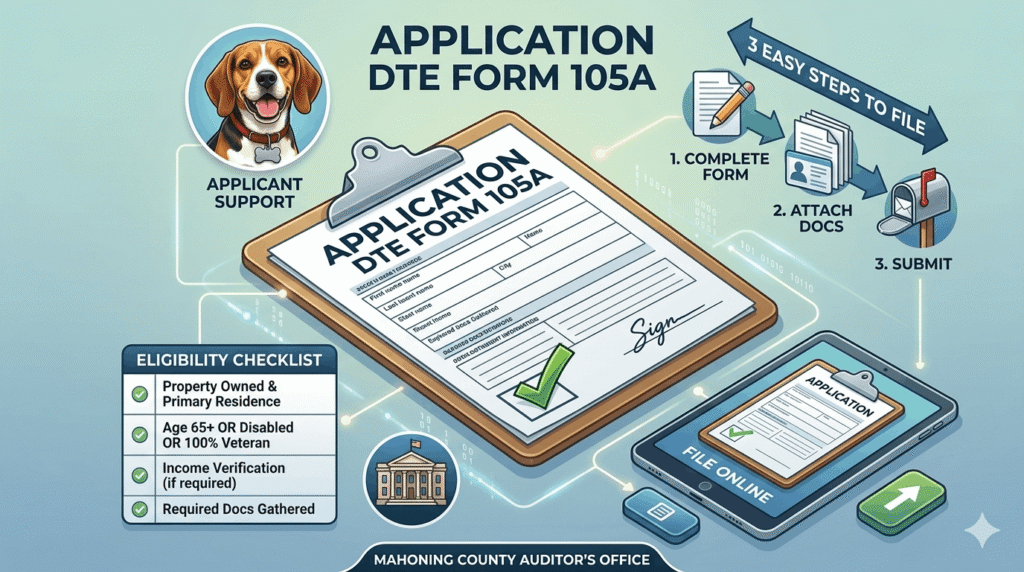 Step-by-step application infographic for DTE Form 105A online and mail options.