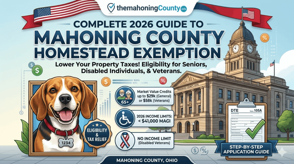 Mahoning County Homestead Exemption infographic with courthouse and 2026 limits.